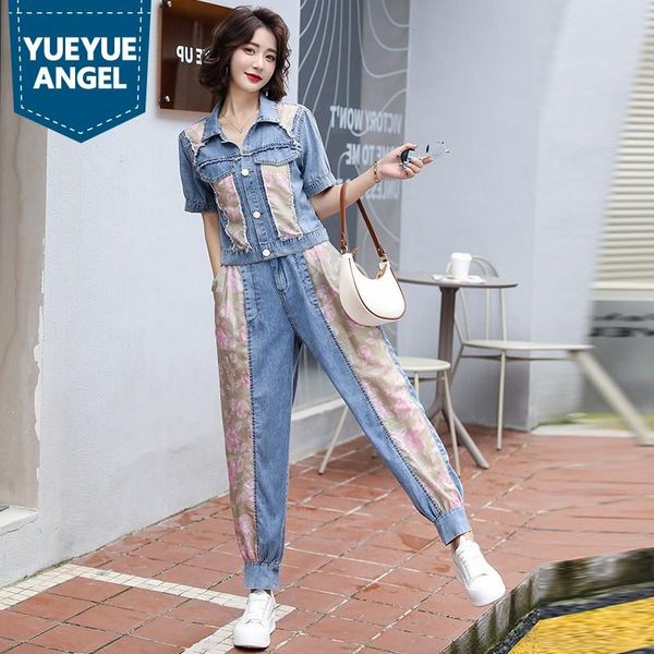 

women's two piece pants women vintage straight trousers set fashion ol style loose spliced print denim harem short sleeve jackets, White