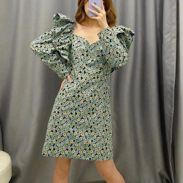 

casual dresses female bodycon party puff long sleeve mini dress vestidos floral elegant vintage, Black;gray