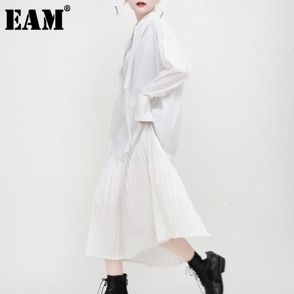 

[eam] women black pleated split joint temperament dress lapel long sleeve loose fit fashion spring autumn 1n038 21512, Black;gray
