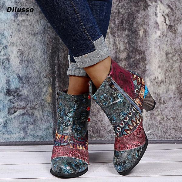 

boots women ankle vintage leather retro suqare heels zipper flower print short booties round toe shoes, Black