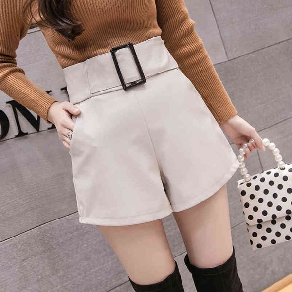 

korean pu faux leather shorts women spring autumn high waist wide leg ladies plus size black belted short femme 7774 210304, White;black