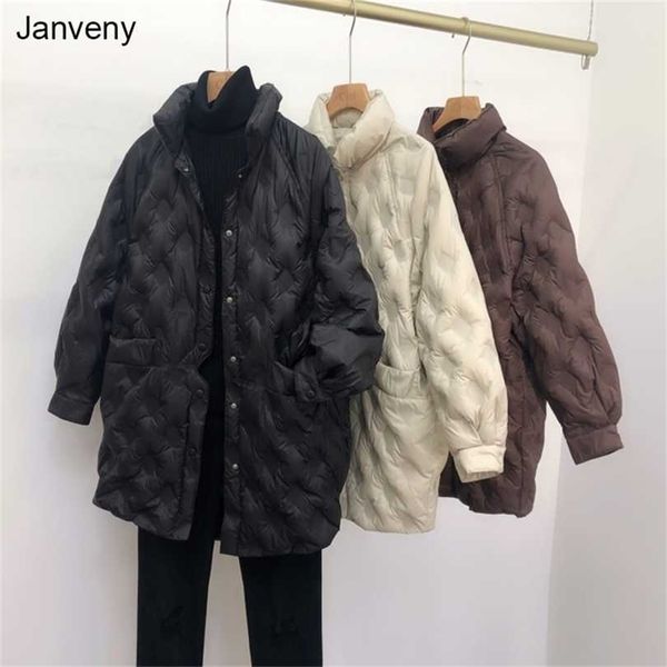 

janveny ultra light down jacket women long parkas female loose puffer matching warm zipper 90% duck coats outwear 211117, Black