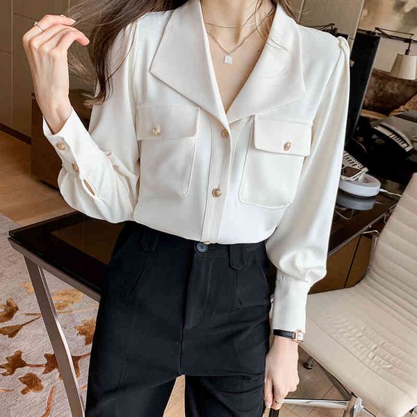

shirt women's small apricot lapel blusas mujer de moda verano spring v neck long sleeve blouses shirt 812b 210420, White