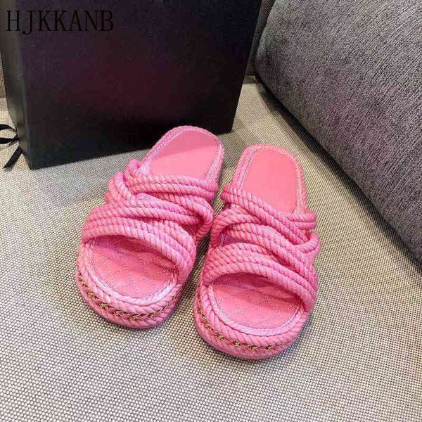 

official website 70% off outlet woven flat slippers women thick sole solid color open toe slides comfort leather insoles metal chain shoes s, Black