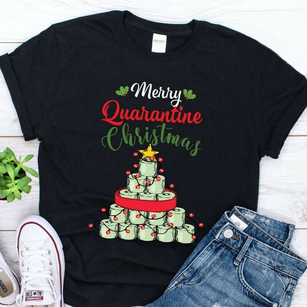 

merry quarantine christmas 2020 toilet paper pine trees t-shirt, White;black