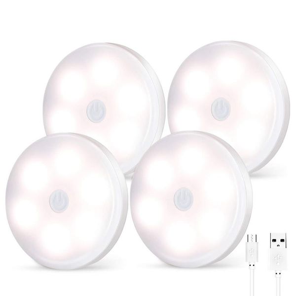 

night lights version - usb rechargeable led puck 4 pack wireless under cabinet lighting, press dimming light, co