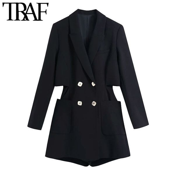 

traf women chic fashion with metal buttons black playsuits vintage long sleeve pockets female jumpsuits mujer 210415, Black;white