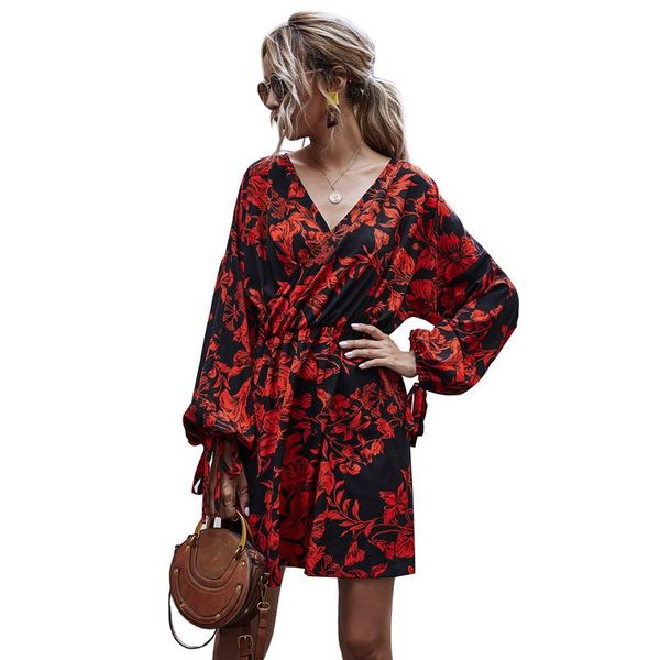 

casual dresses autumn spring short dress for women 2021 floral print high waist a line female wrap v neck long lantern sleeve vestidos, Black;gray
