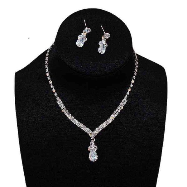 

net red super flash zircon rhinestone necklace earring set fashion dress simple and versatile clavicle chain women, Silver