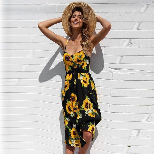 

casual dresses summer 2021 women plus size sunflower print button beach dress woman s-3xl pocket midi slip ladies vestidos, Black;gray