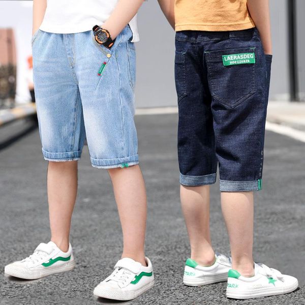 

boys shorts casual solid colors elastic waist calf-length jeans summer letter printed short trousers soft pants children clothes, Black