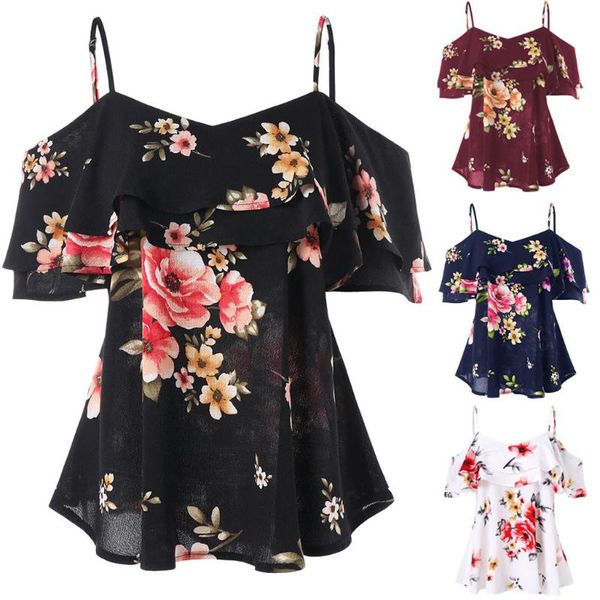 

women's blouses & shirts summer strapless sling chiffon blouse women sleeveless ruffled floral bohemian beach style, White