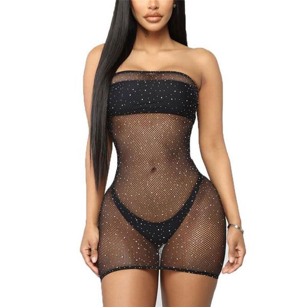

women's swimwear women fishnet mini tube dress bodycon rhinestone mesh stretch lingerie dresses bikini cover up, White;black