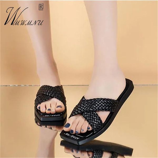 

black non-slip flat slippers korean style leisure vacation slides 2021 outdoor womens shoes comfort summer soft