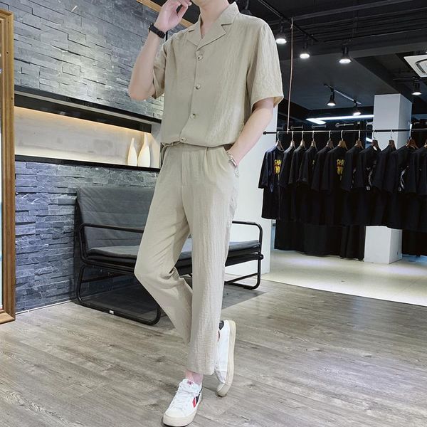 

men's tracksuits -3xl 2 piece single breasted sweat suit casual short sleeve shirt and ankle pants set sports outfit, Gray