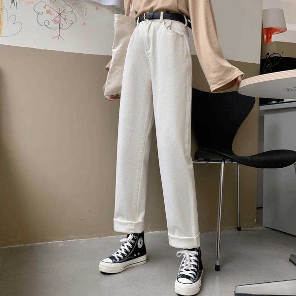 

mozuleva white jeans female relaxed joker high waist thin wide-legged pants straight waist trousers 210706, Blue
