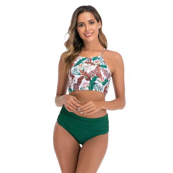 

3-color printed bandage women's split swimsuit, White;black