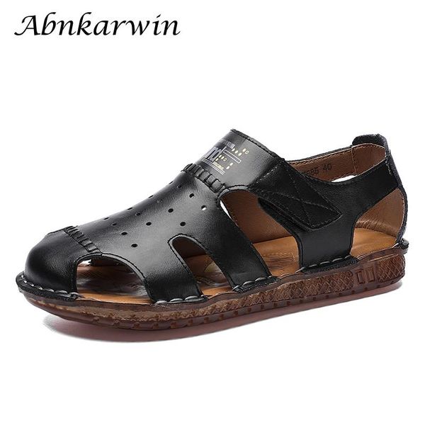 

sandals handmade microfiber leather men summer breathable sandalias hombre casual closed toe slip on sandal mens sandles comfort, Black