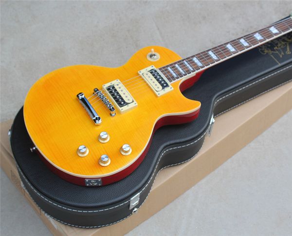 

yellow veneer electric guitar with sliver hardwares, open pickups real picture