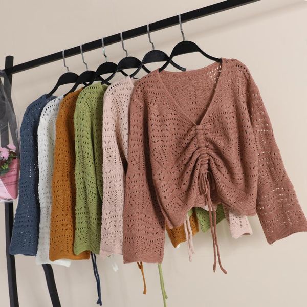 

women's blouses & shirts hisuma women autumn v-neck lace up bandage strap hollow out knitted bow shirt lady short elastic slim pullover, White