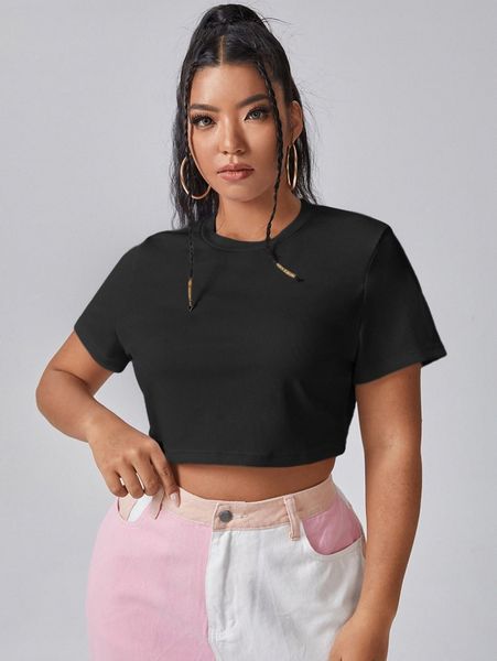 

plus solid crew neck crop tee f6mw#, Black