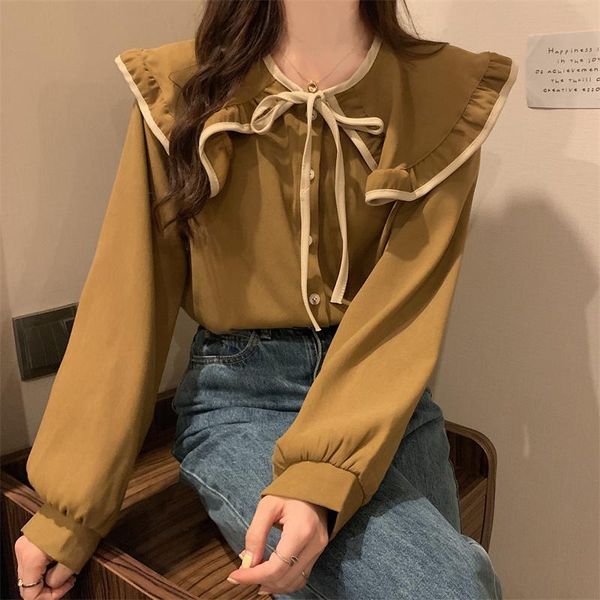 

women's blouses & shirts french design of fund 2021 autumn feeling small doll collar with long sleeve shirt corduroy western style jack, White