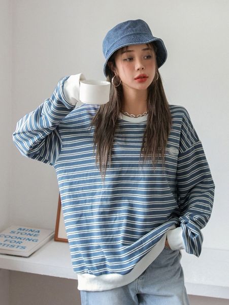 

dazy striped patched detail drop shoulder pullover x1yr#, White;black