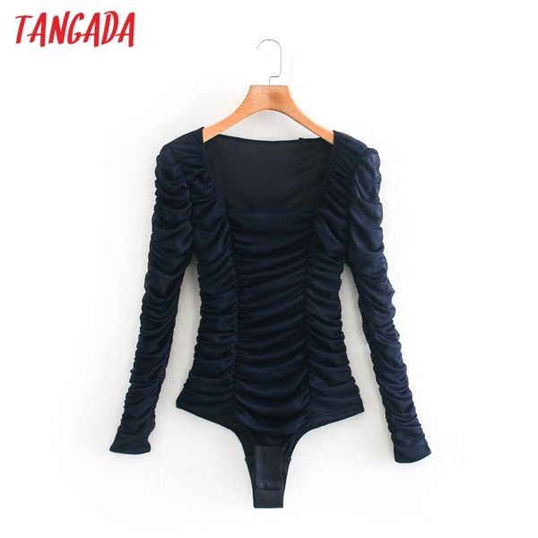 

women solid pleated mesh playsuits long sleeve square neck rompers ladies elegant chic bodysuit 2xn9 210416, Black;white