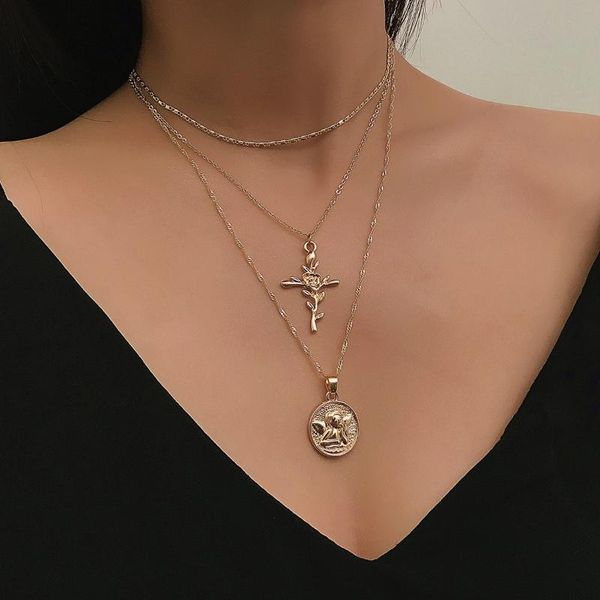 

chains retro cross rose multi-layer necklaces women, simple relief like personality necklace, Silver