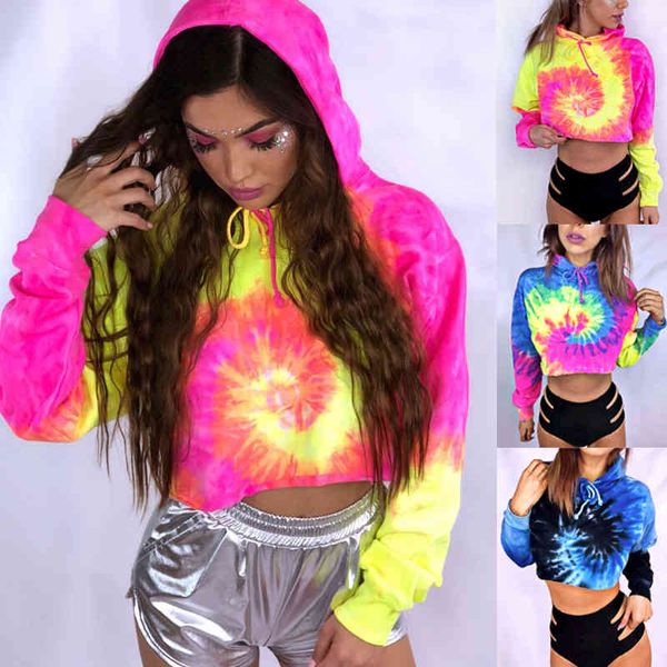 Große Größe Damen Tie Dye Kapuzenpullover Damen Baggy Pullover Tops Herbst Langarm Lose Kordelzug Pullover Lässige Hoodies 210515