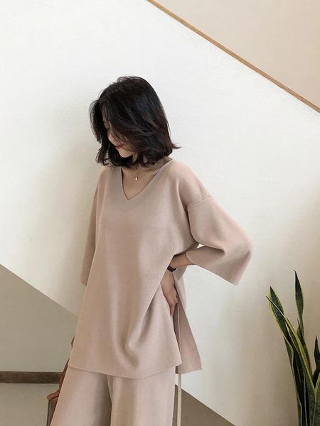 

women's two piece pants knitting female sweater pantsuit for women set pullover v-neck long sleeve bandage wide leg suit, White