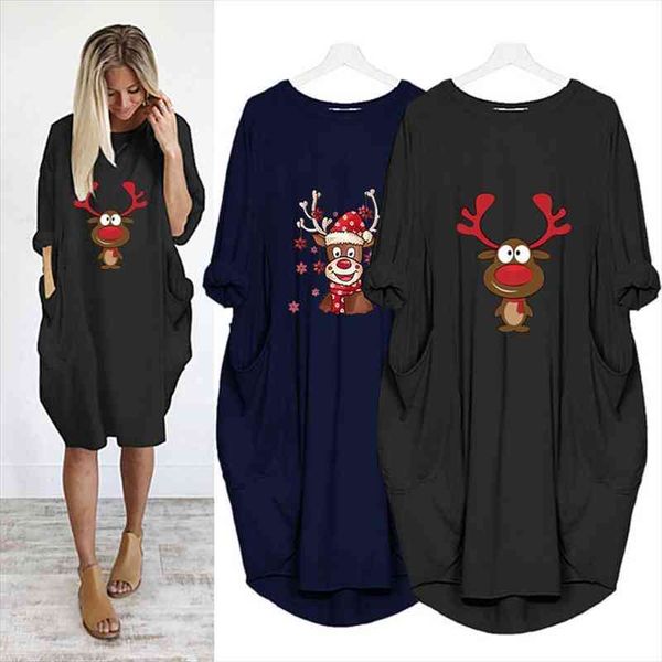 

christmas cute reindeer print women dresses pocket casual loose oversize clothes party daily autumn vestidos vintage, Black;gray