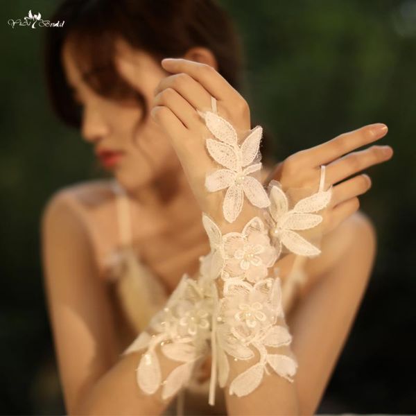 

bridal gloves lzp519 nice ivory flowers lace fingerless short, White