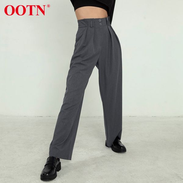 

ootn vintage solid wide leg pants women spring button high waist black trousers ladies office lady pleated gray pants work wear 210413, Black;white