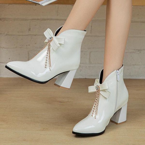 

boots 2021 autumn winter women ankle sewwt bow knot square high heel fashion zipper fringe pointed toe women's shoes, Black