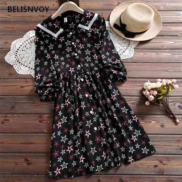 Japonês Harajuku Outono Mulheres Vestidos Sailor Collar Single-Breasted Feminino Vestido Vintage Star Impresso Estudante Vestido 210520