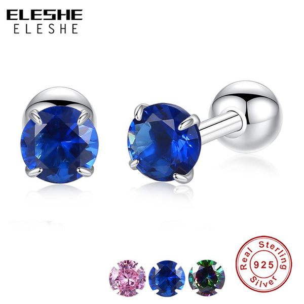 

simple blue crystal stud earrings cubic zirconia round ball 925 sterling silver women wedding jewelry, Golden;silver