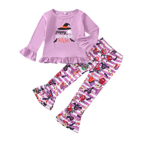 

halloween kids clothing sets girls outfits baby clothes children suits autumn winter print cotton long sleeve t-shirts flared trousers tight, White