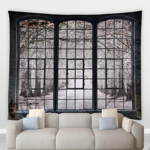 Гобелены ретро винтажное окно гобелено белое снежное лесное дерево зима пейзаж гостиная спальня настенные кровати одеяла стены повесить занавески