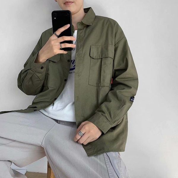 

men's casual shirts korean harajuku style retro long-sleeved shirt solid color tooling jacket simple fashion loose trend, White;black