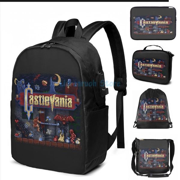 

funny graphic print vania castle usb charge backpack men school bags women bag travel laptop