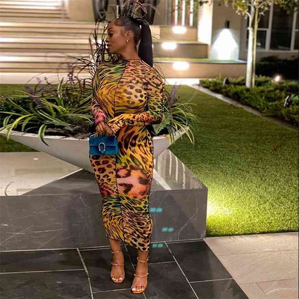 

mesh farbic leopard pattern print maxi dresses for women see through ruffle skinny attractive clubwear party clothing, Black;gray