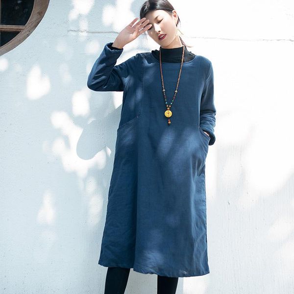 

casual dresses scuwlinen 2021 women winter dress solid o-neck thicken warm fleece double layer long zen robe s996, Black;gray