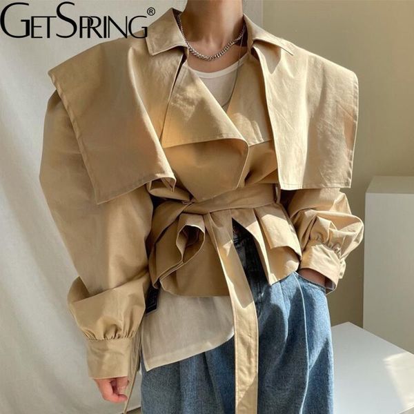 

women's trench coats getspring women coat bandage puff sleeve short femme all match vintage casual spring/autumn jacket 2021, Tan;black