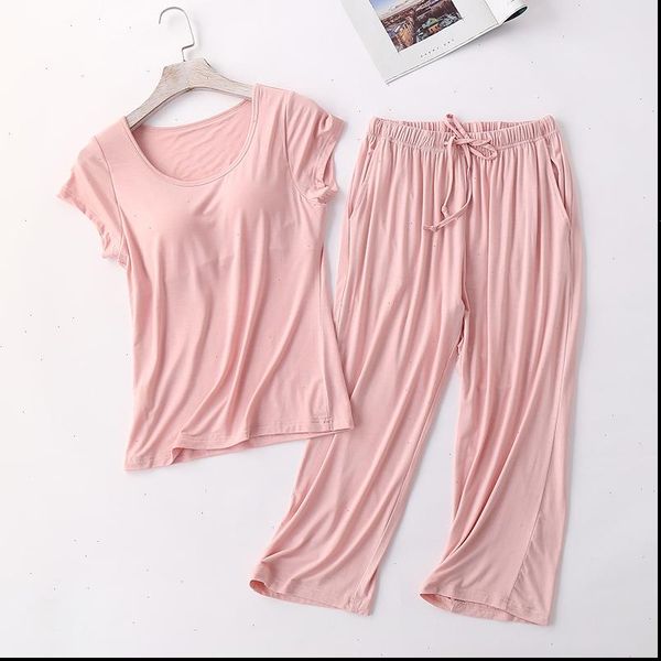 

sanderala modal bra women sleepwear t pajamas sets padded pants all match comfortable pink solid short lingerie, Black;red