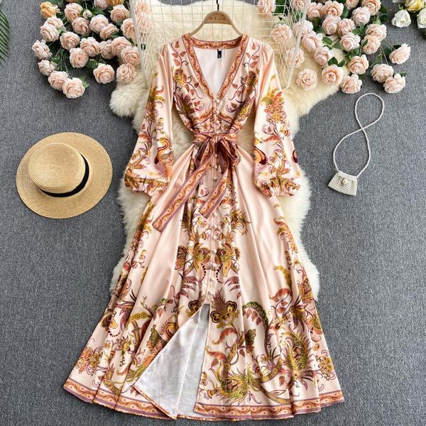 

casual dresses croysier long boho for women 2021 party elegant v neck sleeve button vintage print bohemian maxi dress with belt, Black;gray