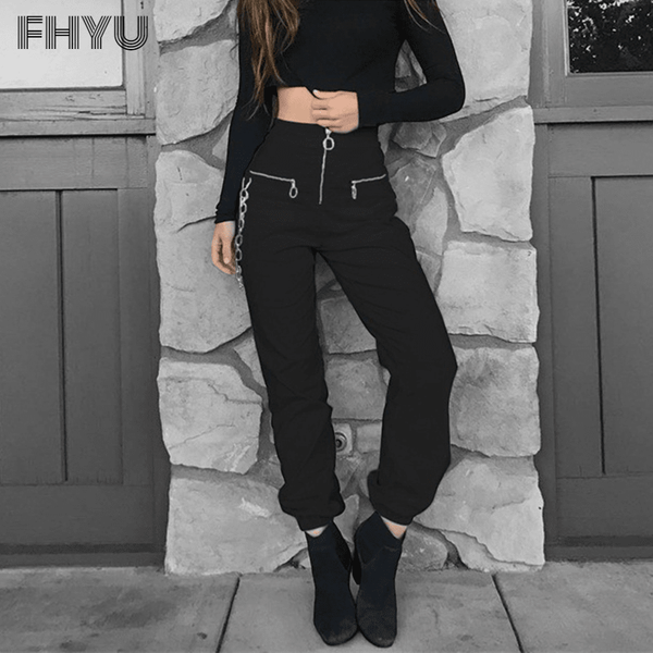 

women's pants & capris fhyu autumn winter gothic punk style chain zipper trousers street trend slim foot binding female s~l 83222, Black;white