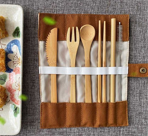 

chopsticks bamboo cutlery travel set portable tableware spoon straw bag