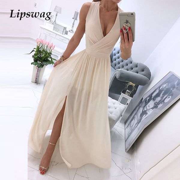 

elegant solid women beach long dress lady deep v-neck split party dress 2021 fashion summer sleeveless maxi dress vestidoshigh quality, Black;gray