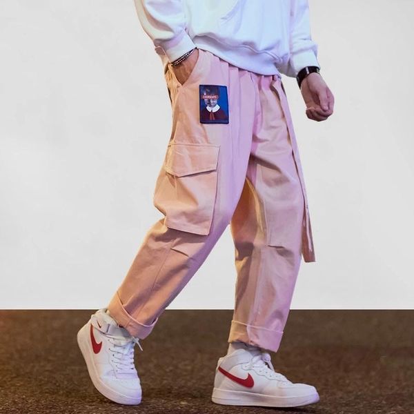 

men's pants 2021 hip hop joggers cargo men harem multi-pocket ribbons man sweatpants streetwear casual mens pink, Black